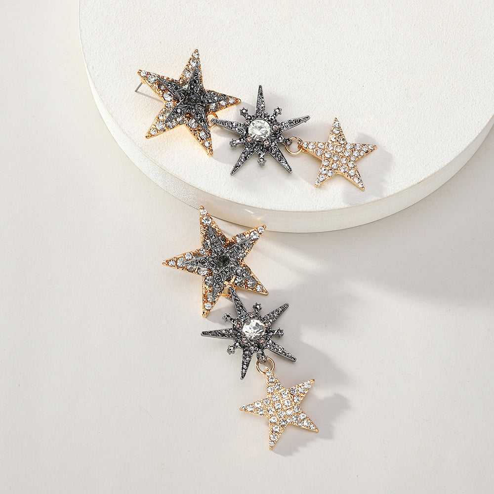 Shiny Rhinestone Three Layer Star Long Drop Earrings For Women Vintage Elegant Party Prom Jewelry Accessories