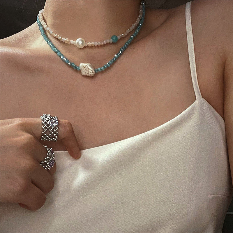Turquoise Pearl Clavicle Chain Handmade Beaded Jewelry