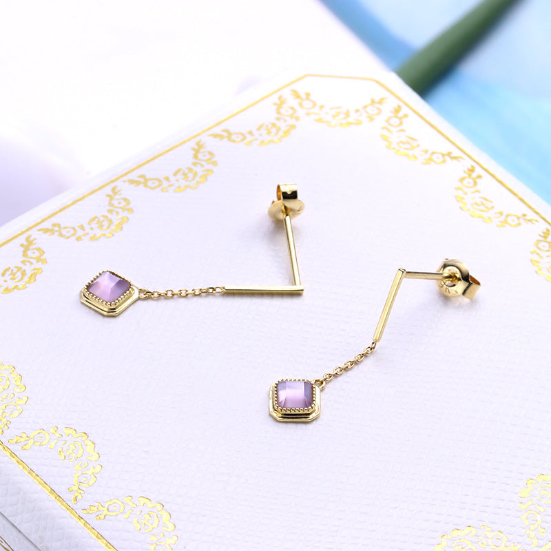 Sterling Silver Gold-Plated Square Amethyst Tassel Earrings