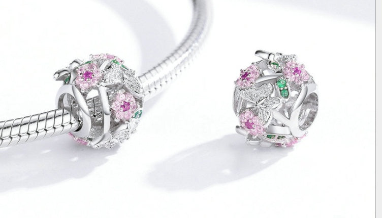 Butterfly Color S925 Sterling Silver Beaded Bracelet Diy Platinum Plated Zircon Bead Jewelry