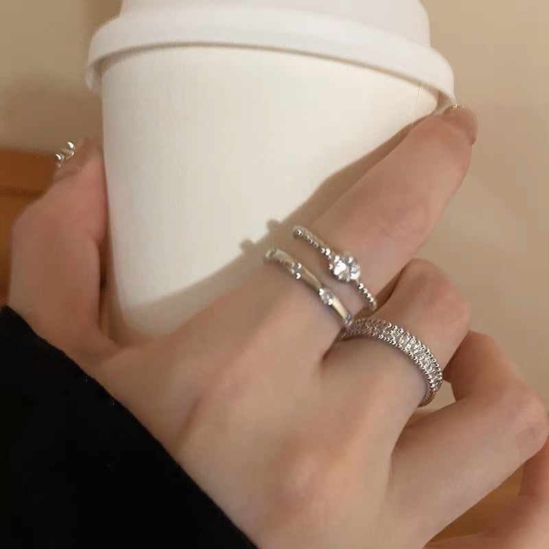1PCS Ins Style Silver Zircon Ring For Women, Light Luxury Minimalist Design, Adjustable Open Band, Versatile Elegant Jewelry