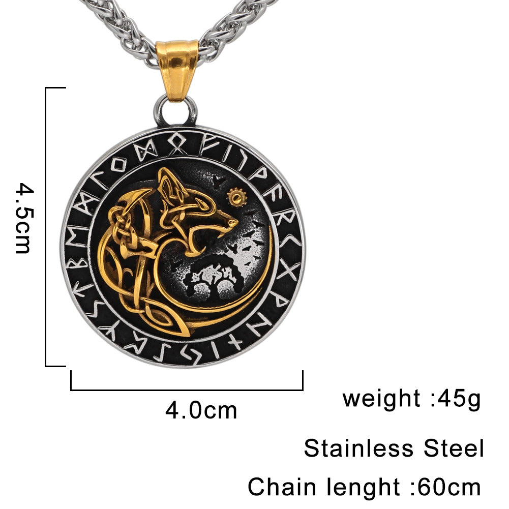 Mens Fashion Viking Wolf Head Rune Pendant Necklace