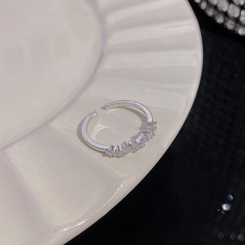 1PCS Ins Style Silver Zircon Ring For Women, Light Luxury Minimalist Design, Adjustable Open Band, Versatile Elegant Jewelry