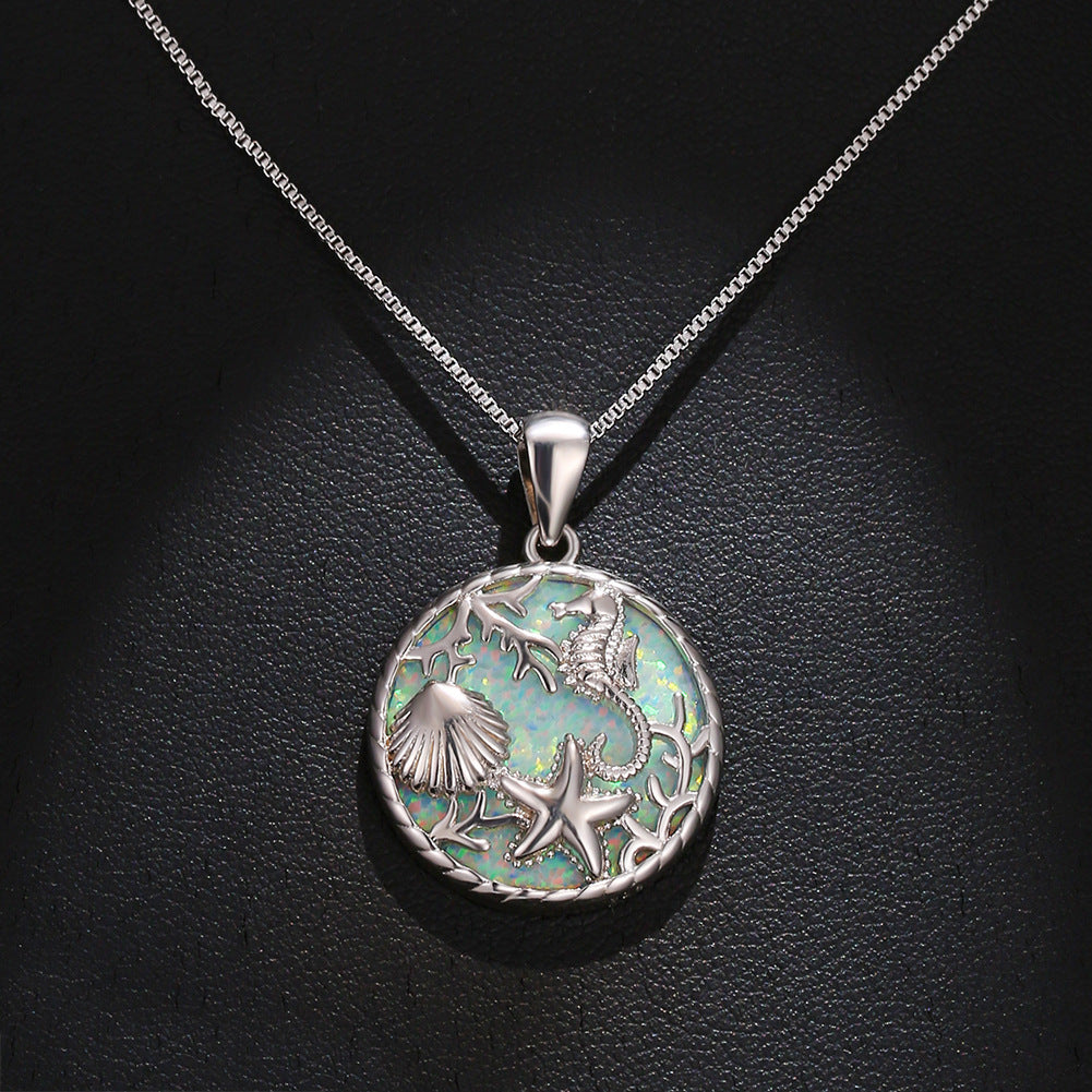 Womens Necklace With A Round Pendant Featuring An Underwater World Design