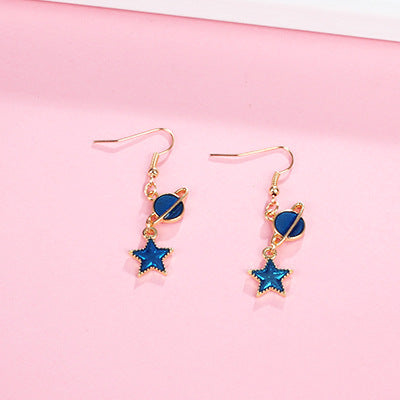 Blue Long Tassel Asymmetric Planet Earrings