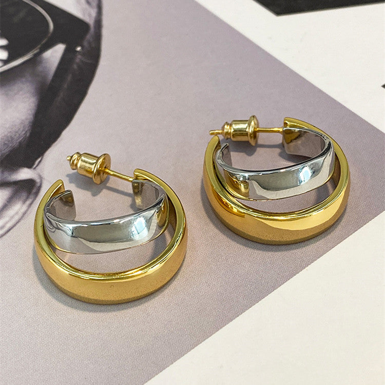 Women's Gold And Silver Contrast Double Hoop Earrings