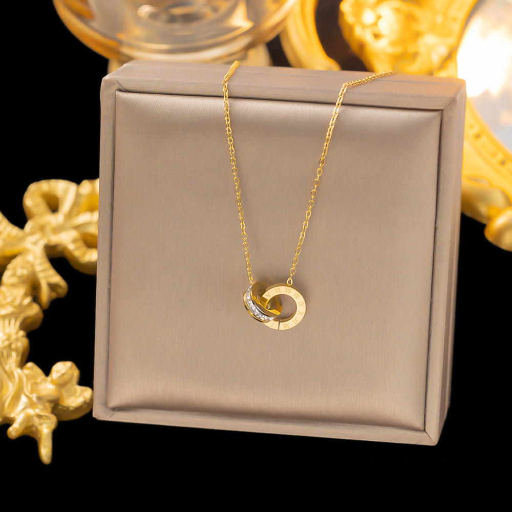 Roman Numeral Double-ring Full-diamond Titanium Steel Necklace