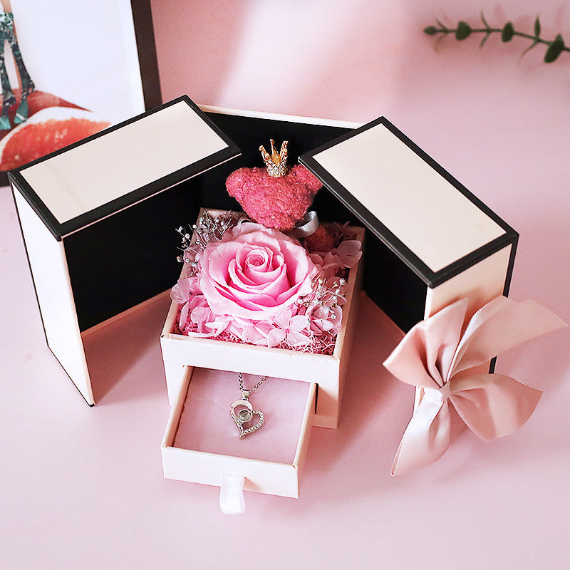 Mother's Day Gift Double Door Bear Rose Preserved Fresh Flower Jewelry Box