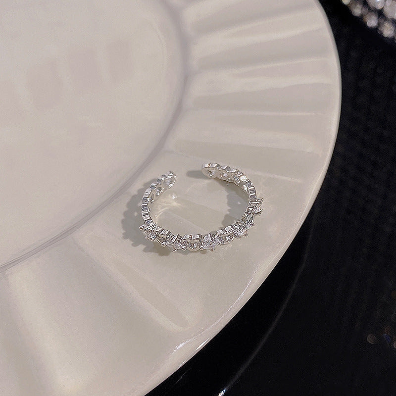 1PCS Ins Style Silver Zircon Ring For Women, Light Luxury Minimalist Design, Adjustable Open Band, Versatile Elegant Jewelry