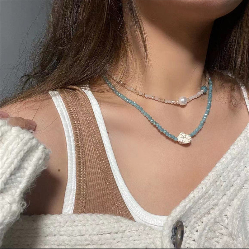 Turquoise Pearl Clavicle Chain Handmade Beaded Jewelry