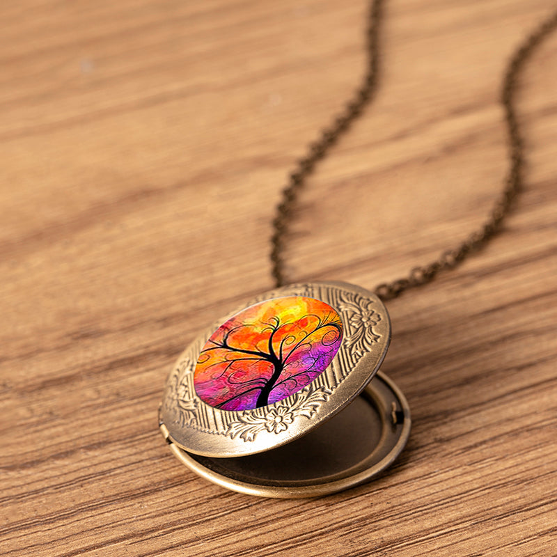 Vintage Tree of Life Antique Gold Photo Frame Locket Necklace