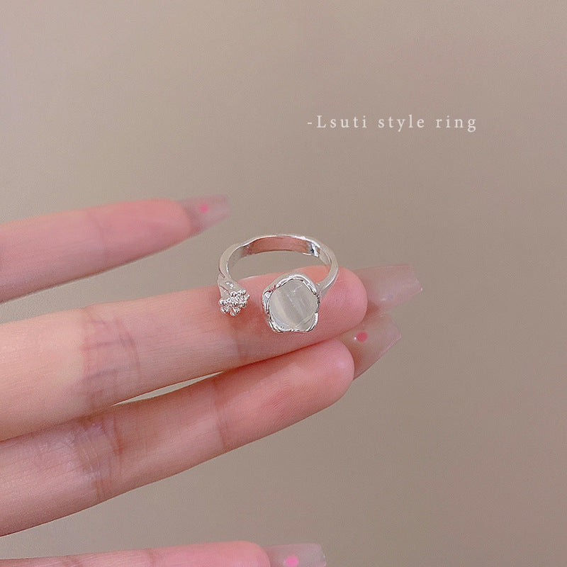 1PCS Ins Style Silver Zircon Ring For Women, Light Luxury Minimalist Design, Adjustable Open Band, Versatile Elegant Jewelry