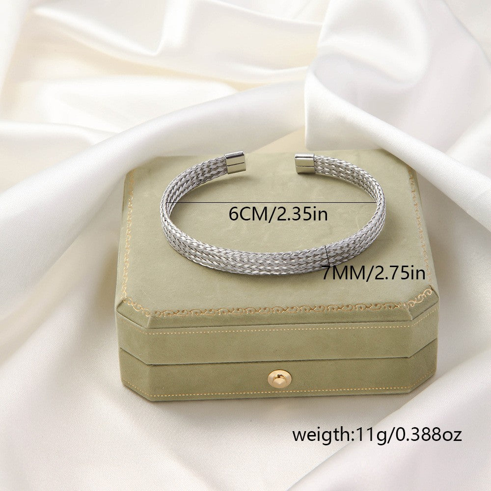 Irregular Knitted Cable-Design Open Womens Fashionable Stainless Steel Bracelet