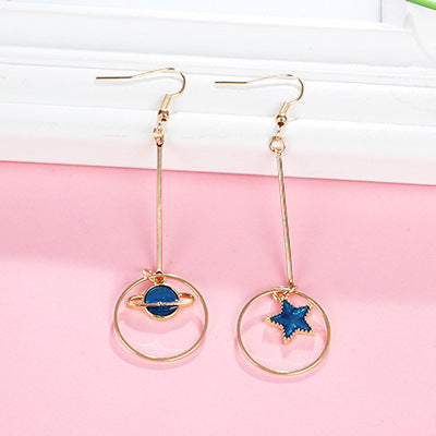 Blue Long Tassel Asymmetric Planet Earrings