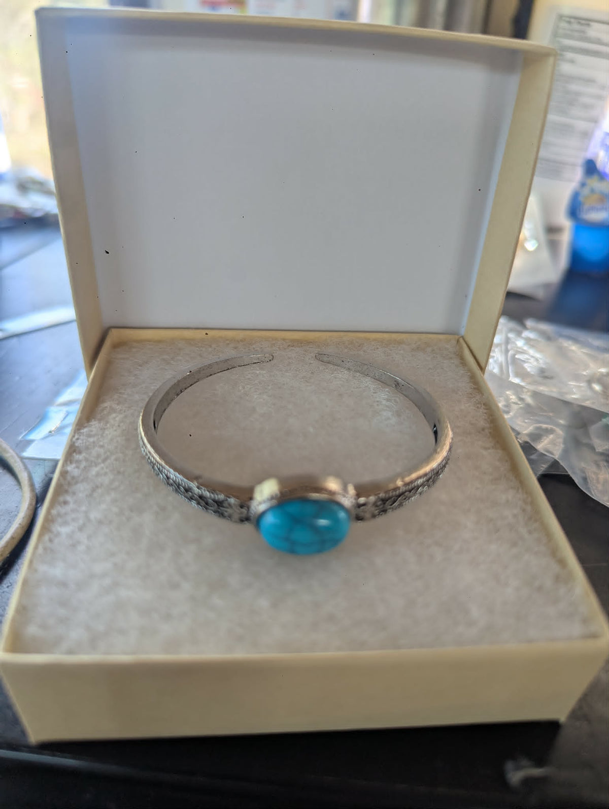 925 Silver Plated Men's & Women's Bracelet Retro Patterned Inlaid Turquoise Bracelet