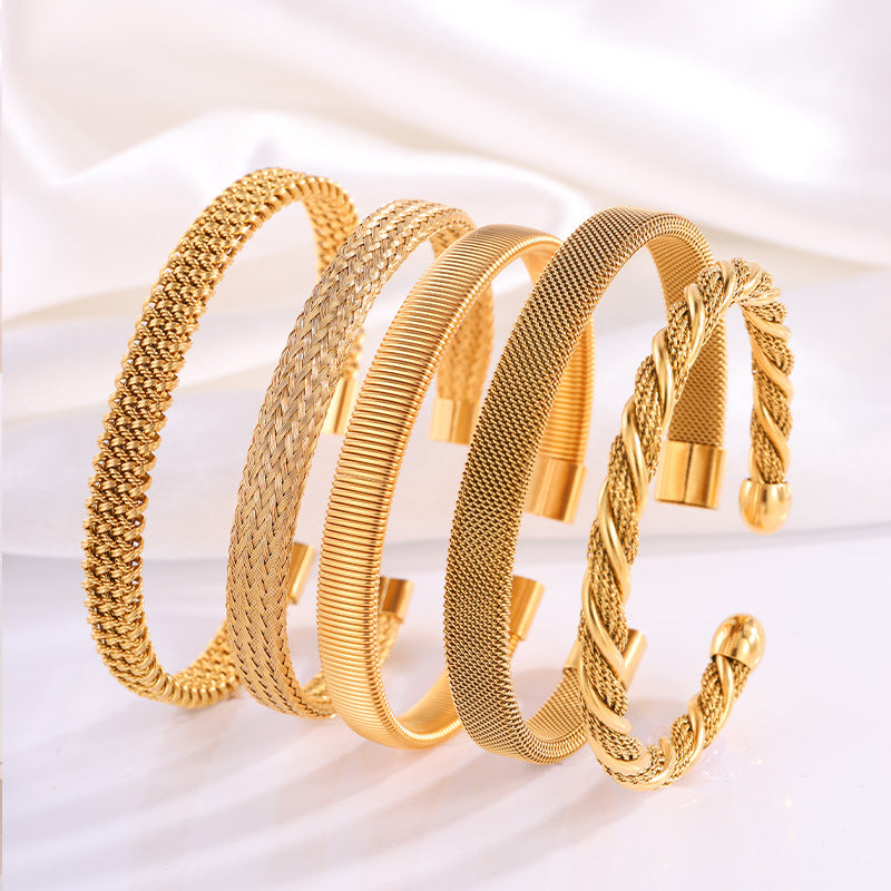 Irregular Knitted Cable-Design Open Womens Fashionable Stainless Steel Bracelet