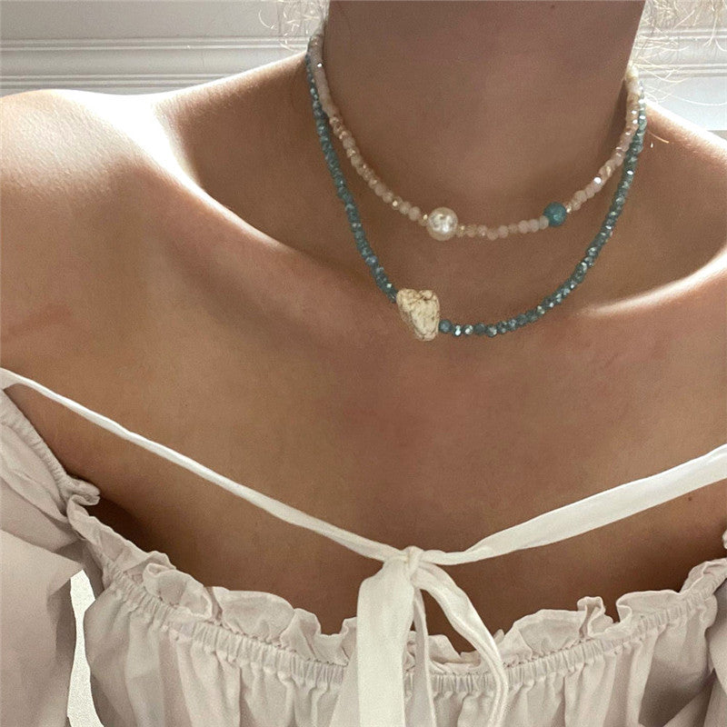 Turquoise Pearl Clavicle Chain Handmade Beaded Jewelry