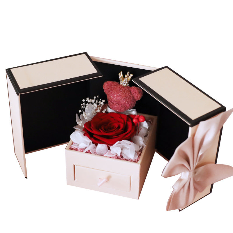 Mother's Day Gift Double Door Bear Rose Preserved Fresh Flower Jewelry Box
