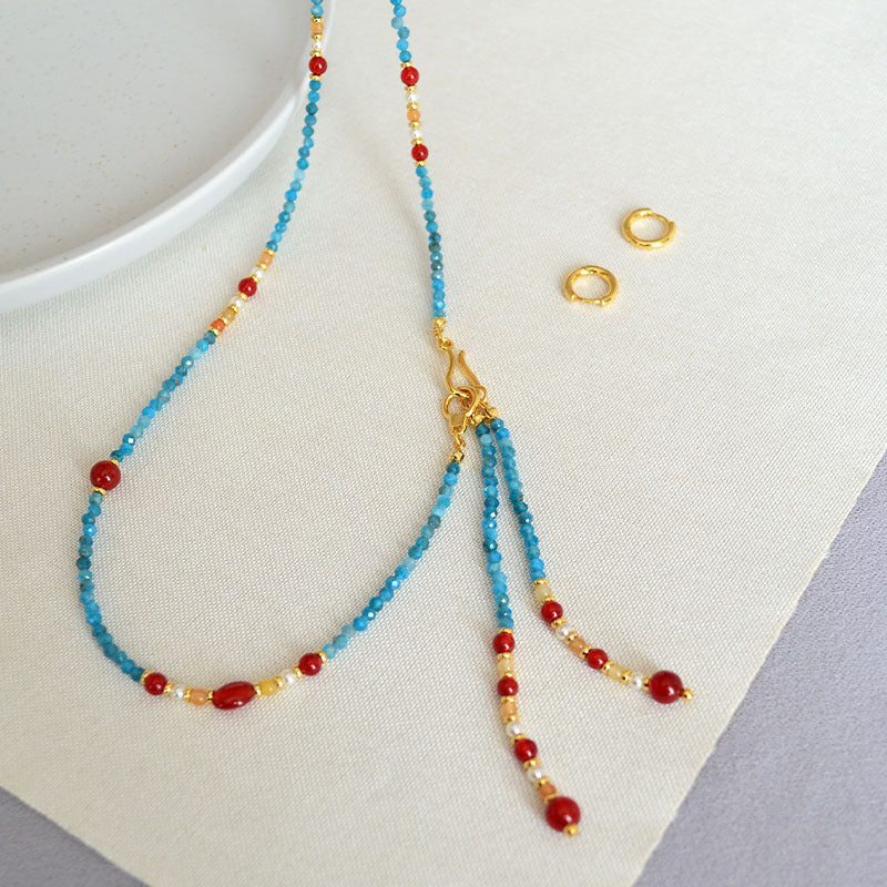 Removable Tassel Necklace With Apatite And Red Agate Beads