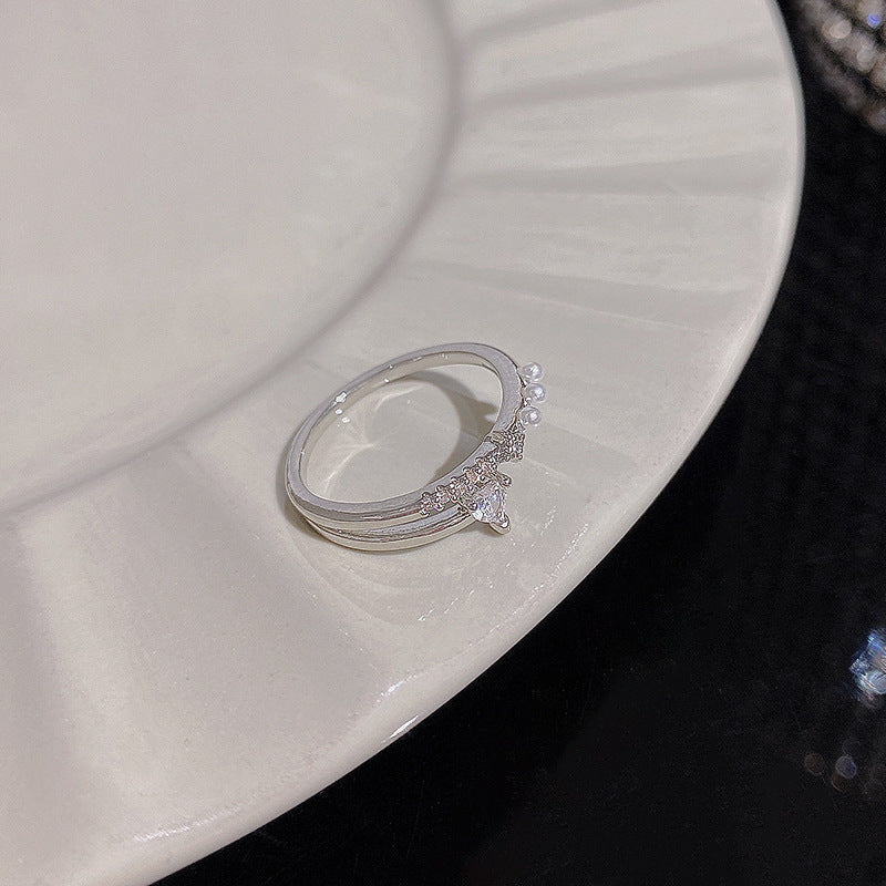 1PCS Ins Style Silver Zircon Ring For Women, Light Luxury Minimalist Design, Adjustable Open Band, Versatile Elegant Jewelry