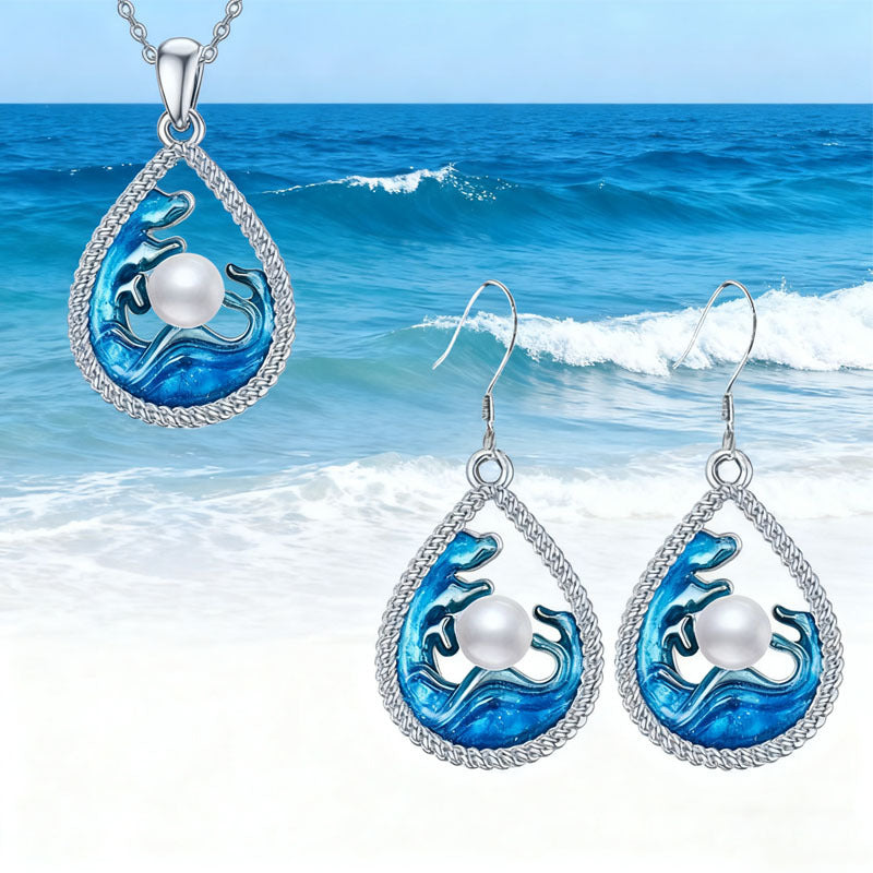 Blue Wave Water Drop Earrings And Pendant Necklace Womens Jewelry Set
