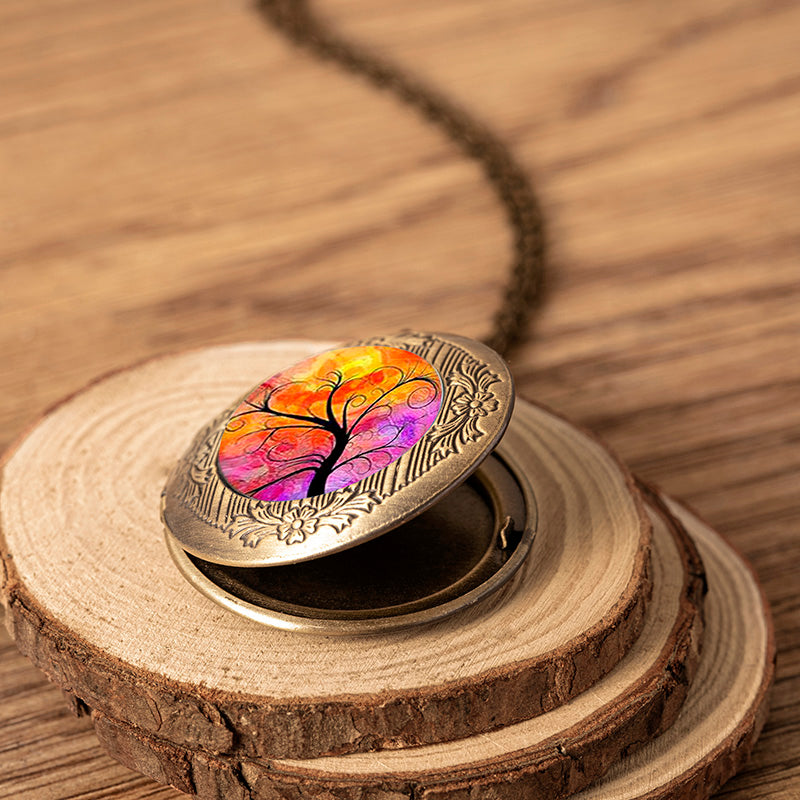 Vintage Tree of Life Antique Gold Photo Frame Locket Necklace