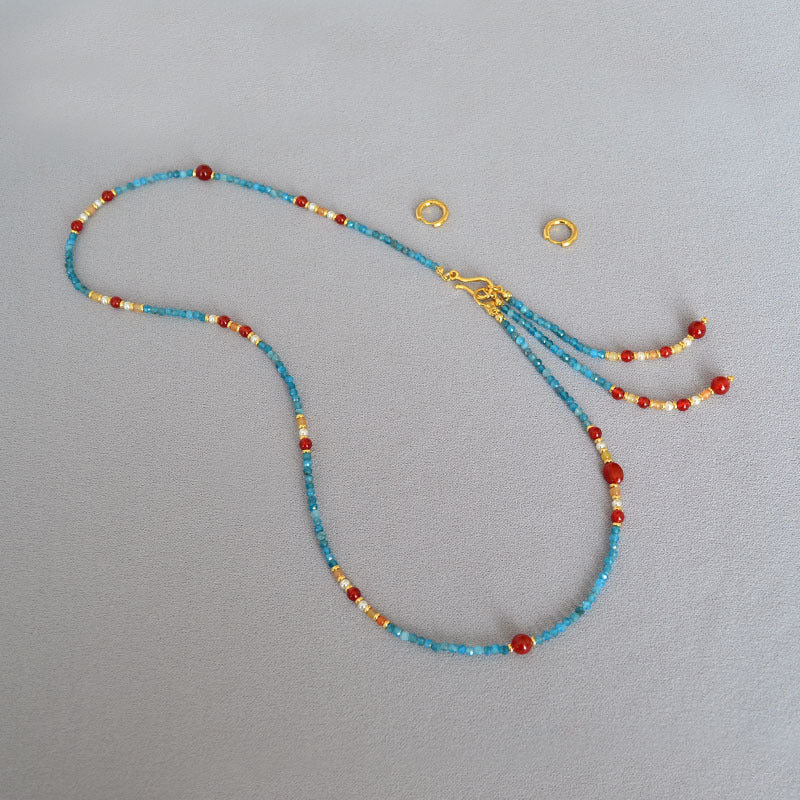 Removable Tassel Necklace With Apatite And Red Agate Beads