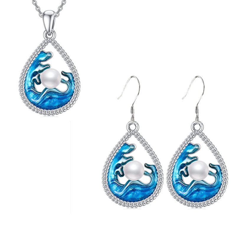 Blue Wave Water Drop Earrings And Pendant Necklace Womens Jewelry Set